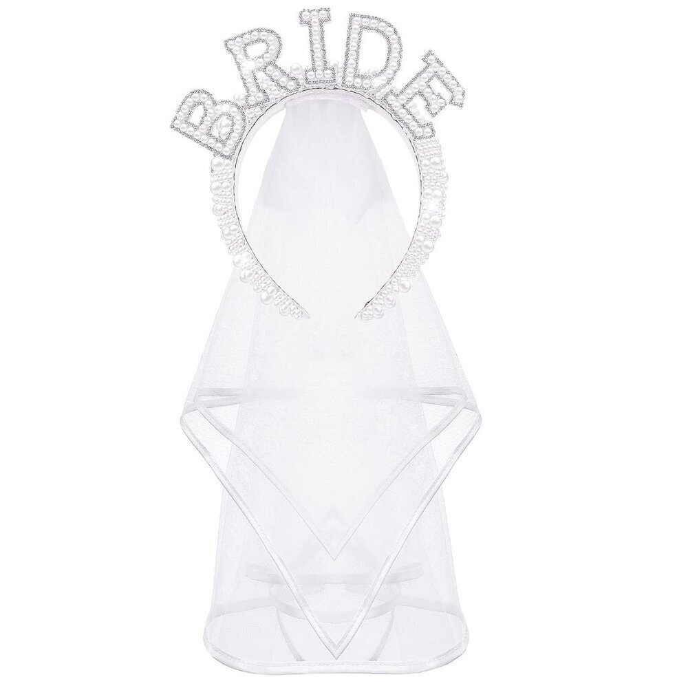 Bride Headband with Veil Pearl White Bridal Headpiece for Wedding Bachelorette